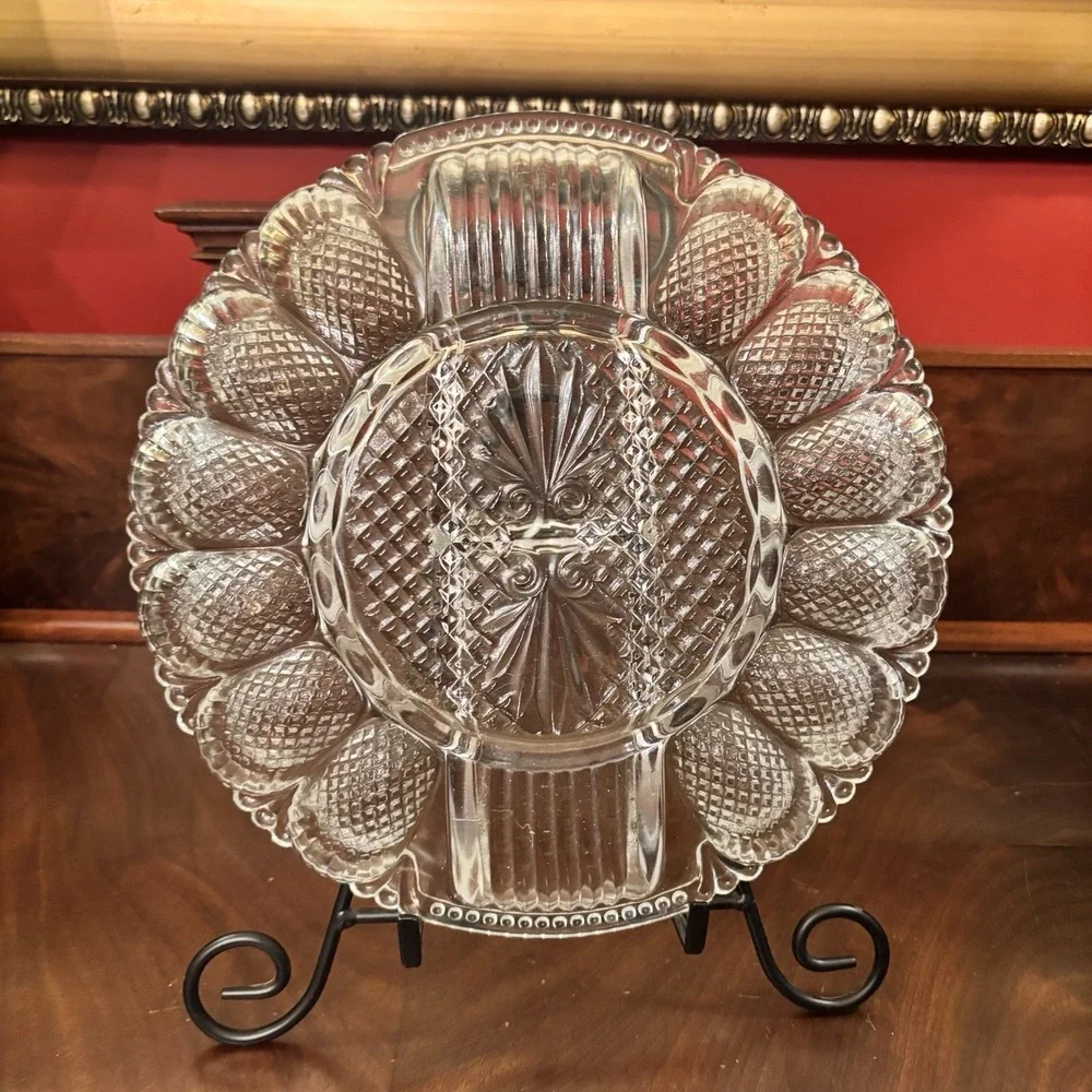 Vintage L.E. Smith Clear Glass Deviled Egg Plate Relish Tray Diamond Point 12